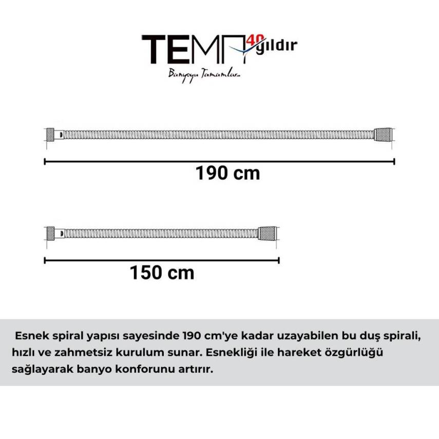 TEMA Duş Spirali, Paslanmaz - Uzayabilen Banyo Hortumu, 150 - 190 cm - 2