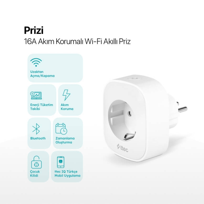 Ttec Akım Korumalı Wi-Fi Akıllı Priz, 16A, Çocuk Kilidi, Beyaz - 6