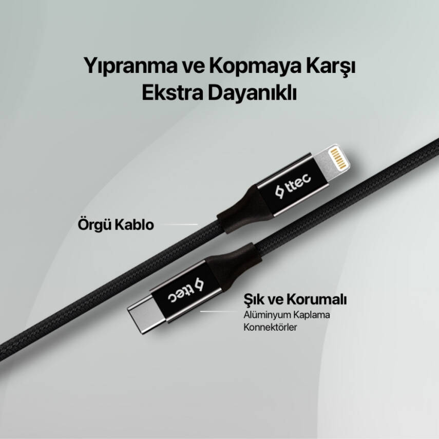 Ttec AlumiCable Hızlı Şarj Kablosu, USB-C - Lightning, 150 cm, Siyah - 4