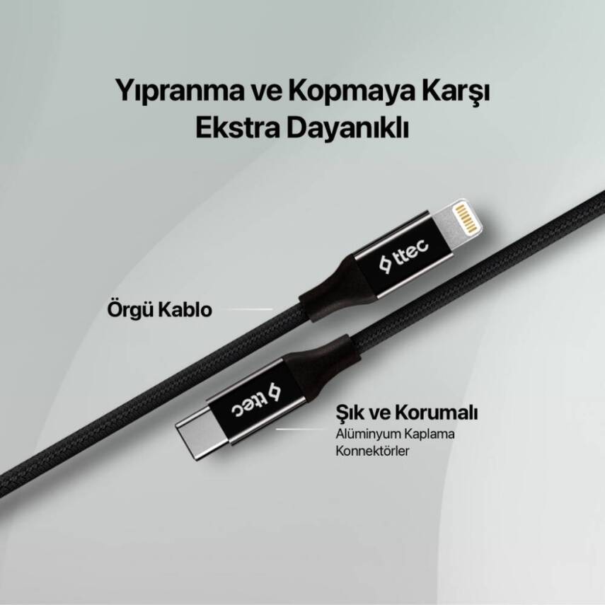 Ttec AlumiCable Hızlı Şarj Kablosu, USB-C - Lightning, 1.5 m, Siyah - 4