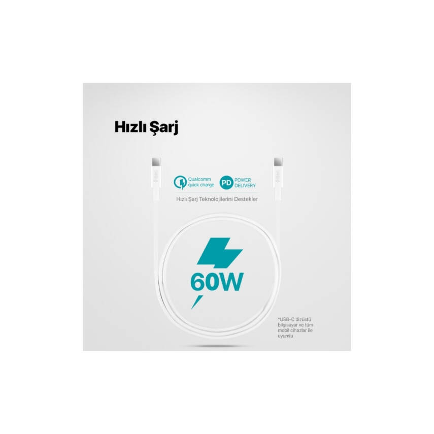 Ttec AlumiCable Hızlı Şarj Kablosu, USB-C - USB-C, 120 cm, 60W, Beyaz - 5