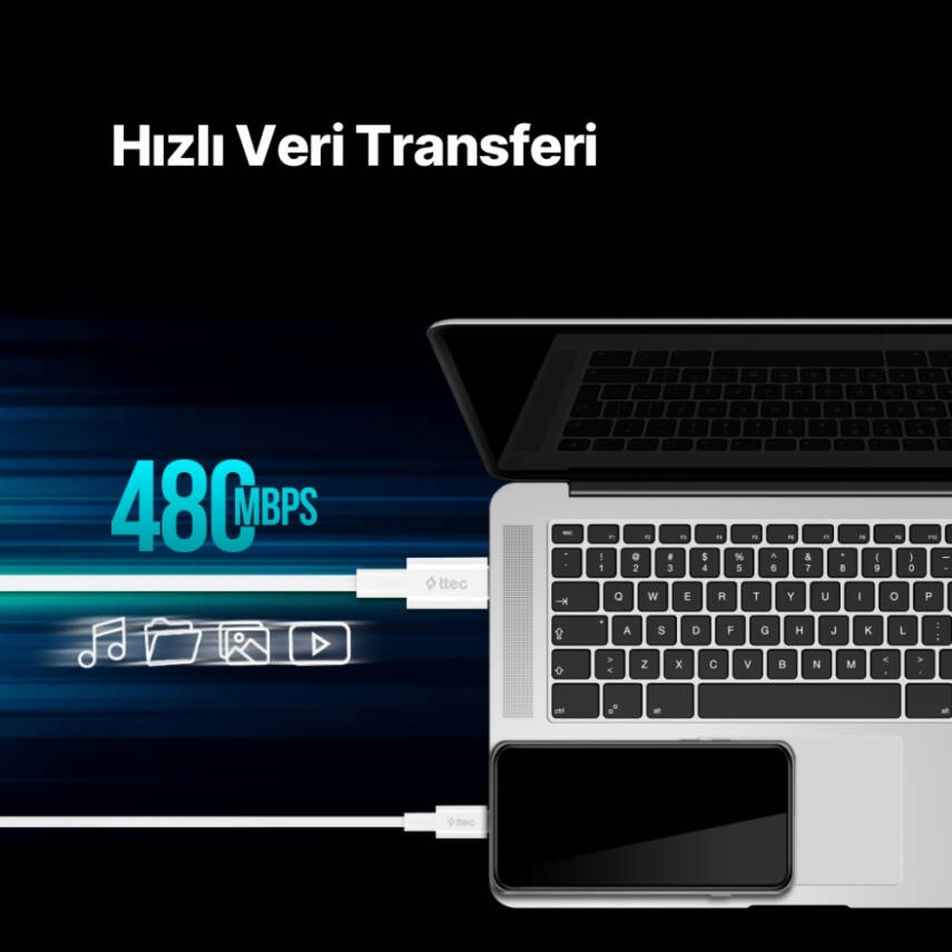 Ttec AlumiCable Hızlı Şarj Kablosu, USB-C - USB-C, 120 cm, 60W, Beyaz - 7