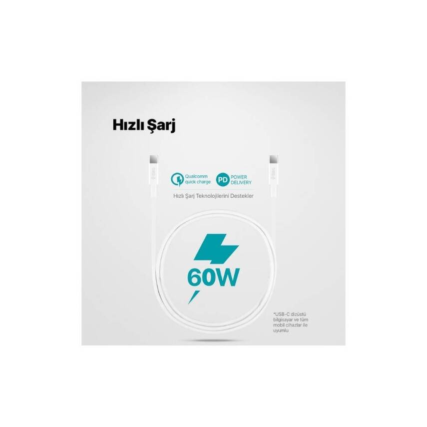 Ttec AlumiCable Hızlı Şarj Kablosu, USB-C - USB-C, 1.2 m, 60W, Beyaz - 5