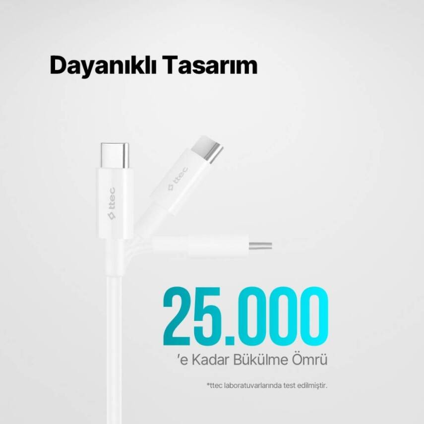 Ttec AlumiCable Hızlı Şarj Kablosu, USB-C - USB-C, 1.2 m, 60W, Beyaz - 8