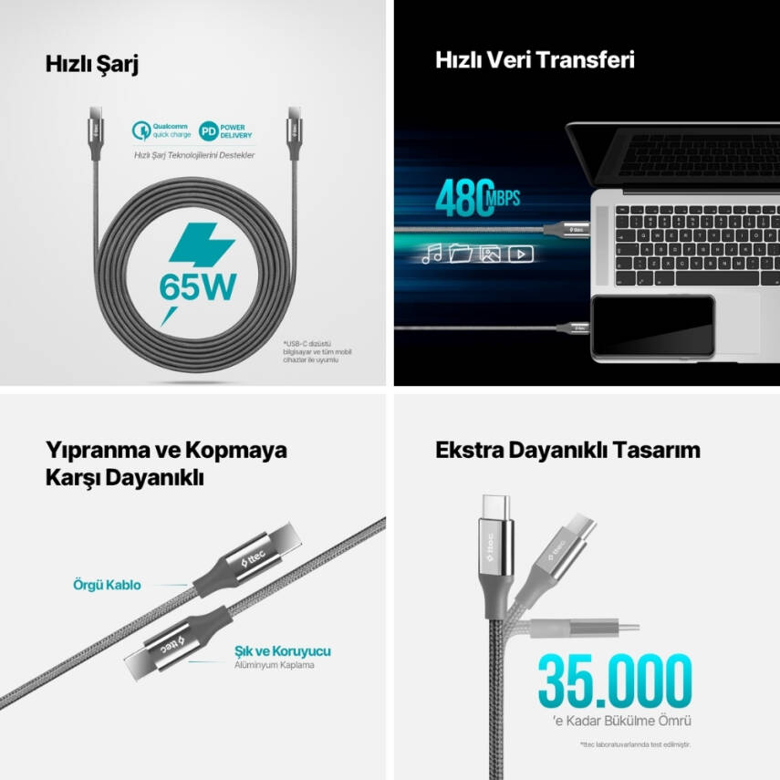 Ttec AlumiCable Hızlı Şarj Kablosu, USB-C - USB-C, 300 cm, Uzay Grisi - 6