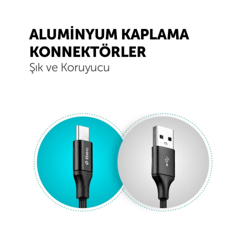 Ttec AlumiCable Şarj Kablosu, USB-A - USB-C, XL, 2 m, Siyah - 4