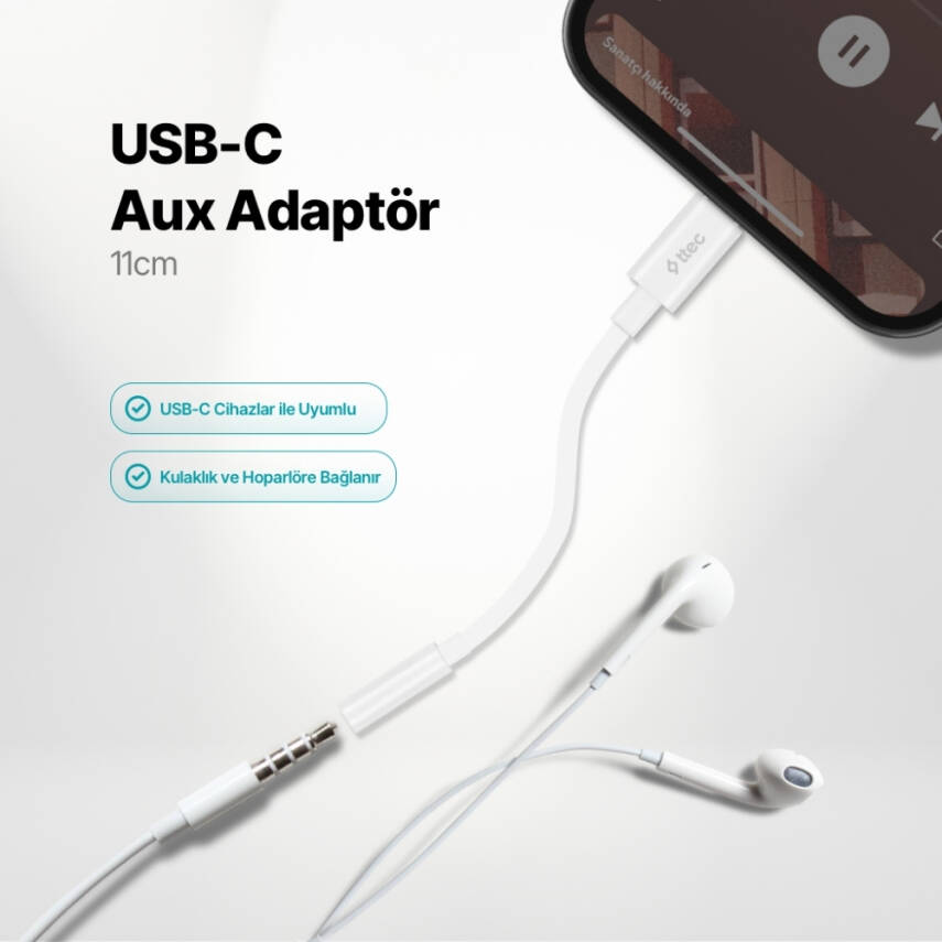 Ttec Aux Adaptörü, USB-C, 11 cm, 3.5 mm Konnektör, Beyaz - 3
