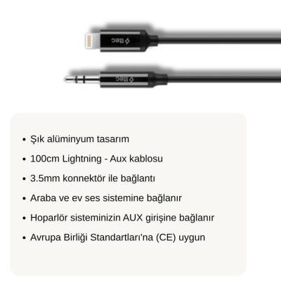 Ttec Aux Ses Kablosu, Lightning, 1 m, 3.5 mm Konnektör, Siyah - 3