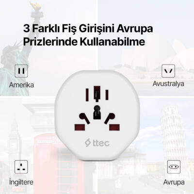 Ttec Dönüştürücü Adaptör, Avrupa Tipinden Evrensele, 3 Farklı Fiş - 7