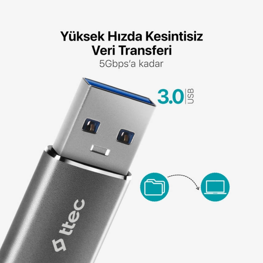 Ttec OTG Dönüştürücü Adaptör, USB-A 3.0 - Type-C, Uzay Grisi - 6
