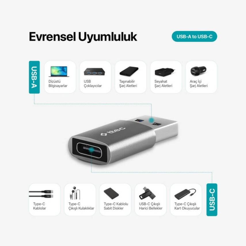 Ttec OTG Dönüştürücü Adaptör, USB-A 3.0 - Type-C, Uzay Grisi - 9