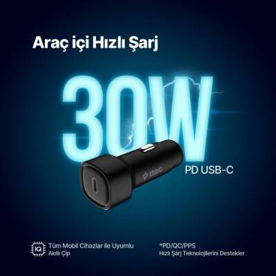 Ttec PD Araç Şarj Aleti, 30W, PD, USB-C, Akım Korumalı, Siyah - 5