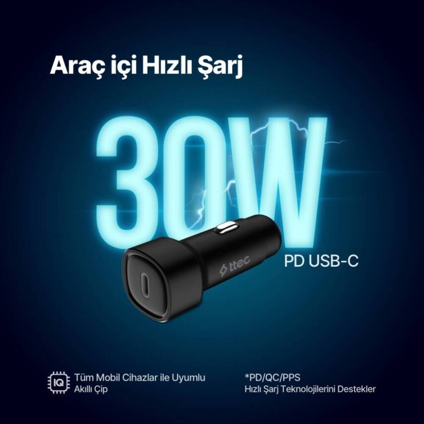 Ttec PD Araç Şarj Aleti, 30W, PD, USB-C, Akım Korumalı, Siyah - 5