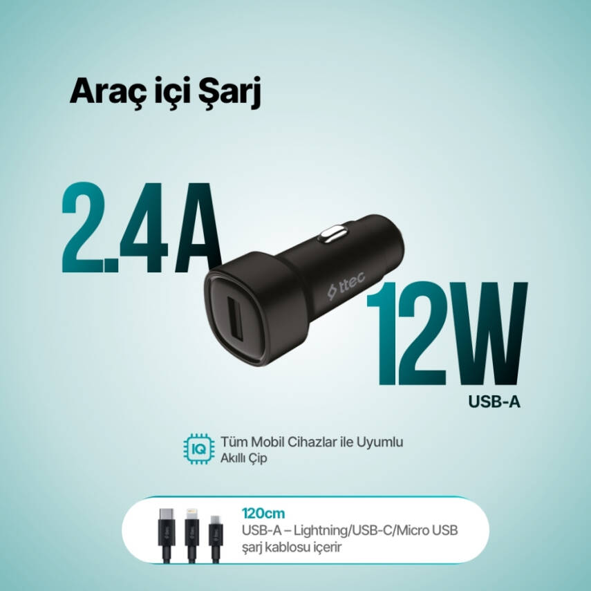 Ttec SmartCharger Araç Şarj Aleti, Trio Kablo, 2.4A, 12 W, Siyah - 6
