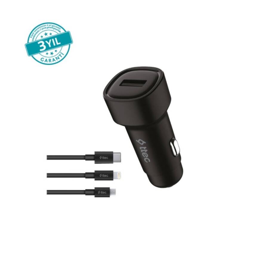 Ttec SmartCharger Araç Şarj Aleti, Trio Kablo, 2.4A, 12 W, Siyah - 1