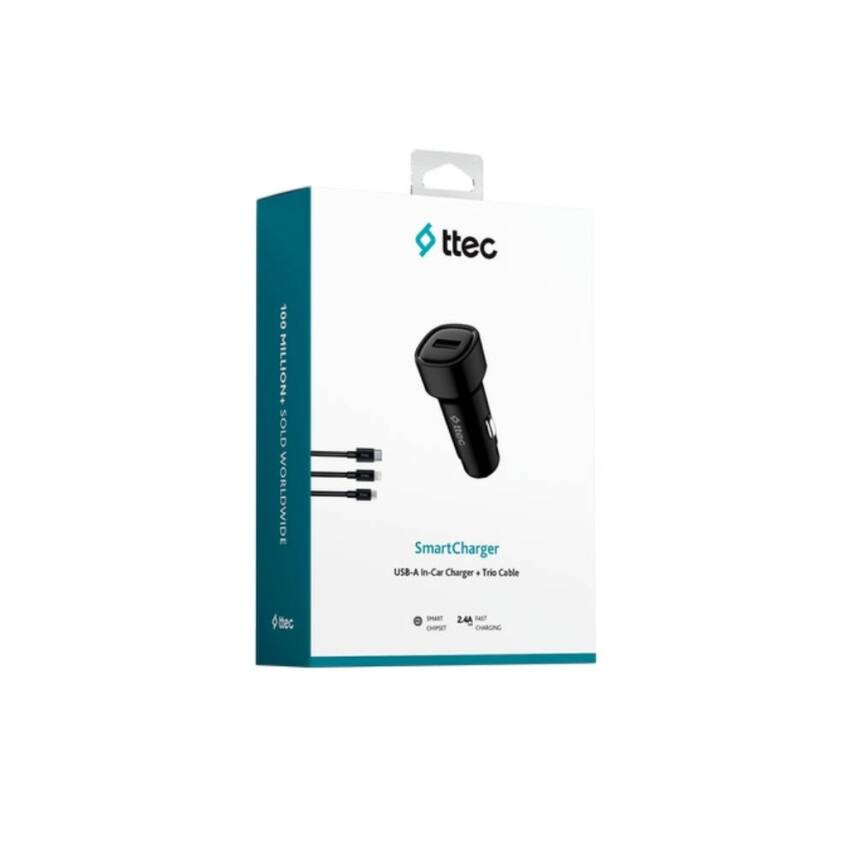 Ttec SmartCharger Araç Şarj Aleti, Trio Kablo, 2.4A, 12 W, Siyah - 5