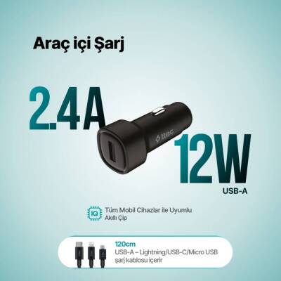 Ttec SmartCharger Araç Şarj Aleti, Trio Kablo, 2.4A, 12 W, Siyah - 6