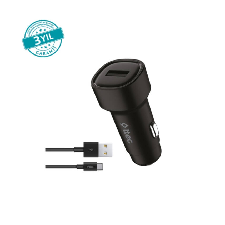 Ttec SmartCharger Araç Şarj Aleti, USB-C Kablo, 2.4A, 12W, Siyah - 1