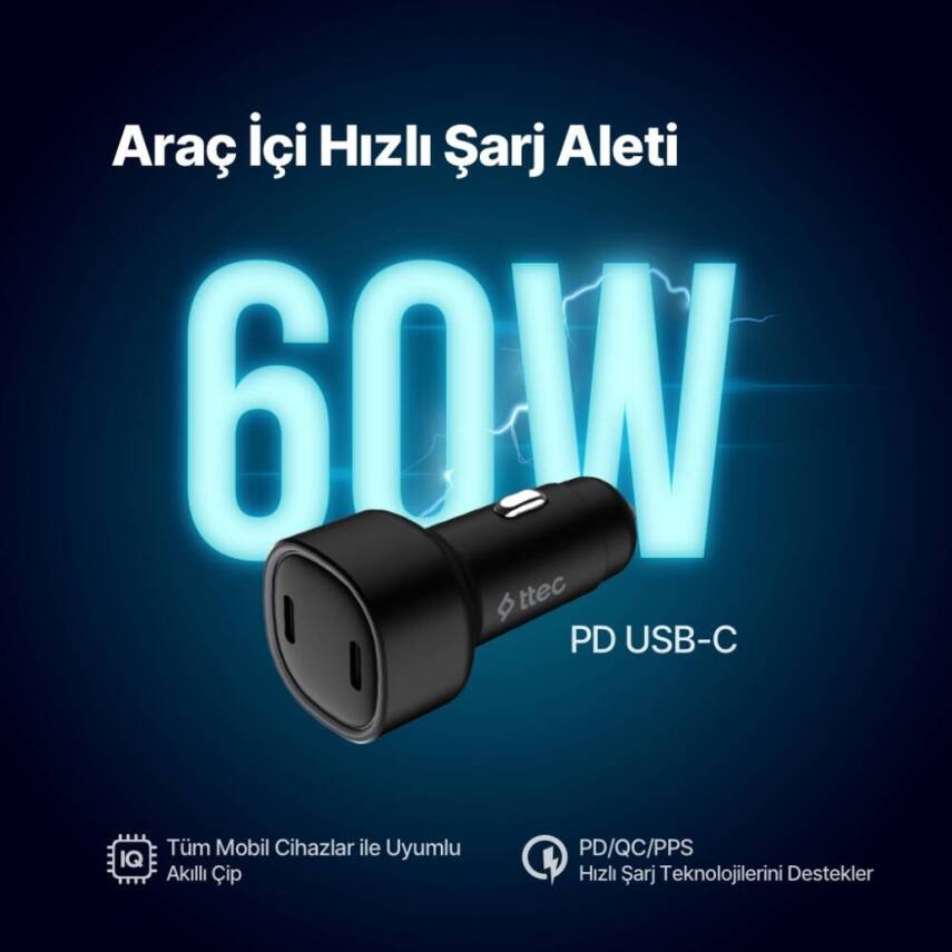 Ttec SmartCharger, Duo Araç Hızlı Şarj Aleti, 60 W, USB-C+USB-C, Siyah - 6