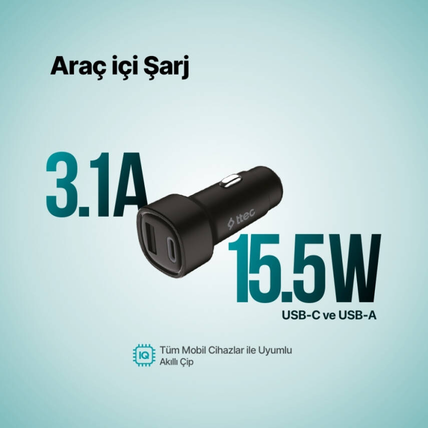 Ttec SmartCharger Duo Araç Şarj Aleti, 3.1A, 15.5 W, USB-C+USB-A - 6