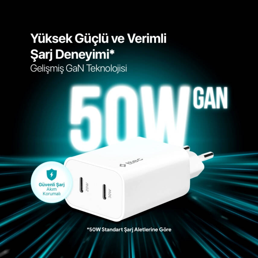 Ttec SmartCharger Duo Pro GaN Hızlı Şarj Aleti, USB-C + USB-C, 50W PD - 8