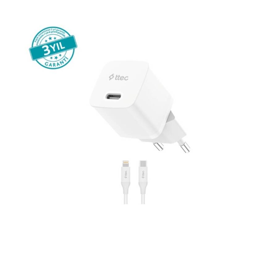 Ttec SmartCharger Hızlı Şarj Aleti + USB-C - Linghtning Kablo, Beyaz - 1