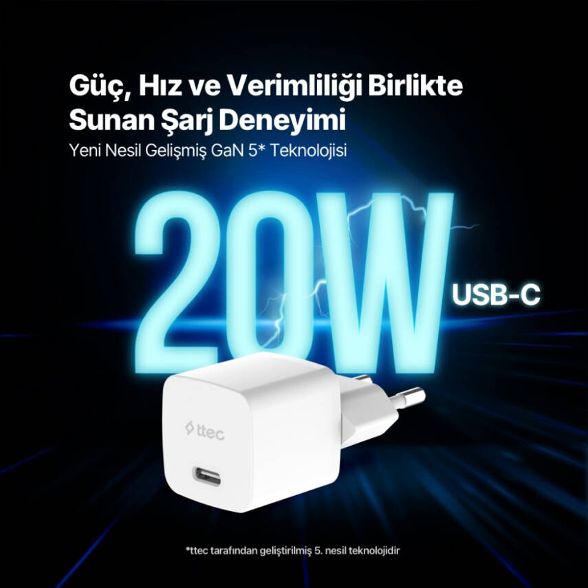 Ttec SmartCharger Seyahat Hızlı Şarj Aleti, GAN, 20 W, PD, Beyaz - 6