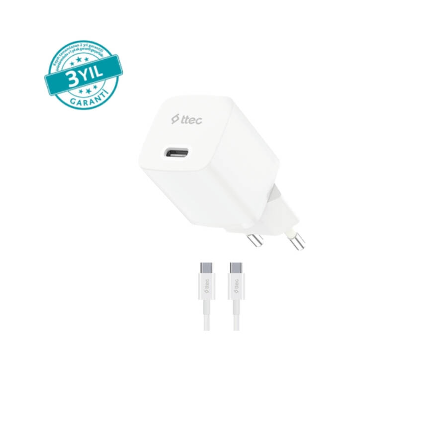 Ttec SmartCharger Seyahat Hızlı Şart Aleti + USB-C-USB-C Kablo, Beyaz - 1