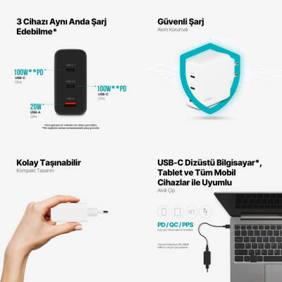 Ttec SmartCharger Trio GAN Hızlı Şarj Aleti, 2 USB-C+USB-A, 120W PD - 7