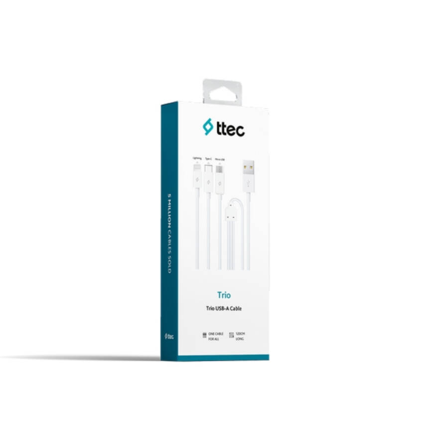 Ttec Trio Şarj Kablosu, USB-A - USB-C / Lightning / Micro USB, Beyaz - 2