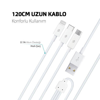 Ttec Trio Şarj Kablosu, USB-A - USB-C / Lightning / Micro USB, Beyaz - 3