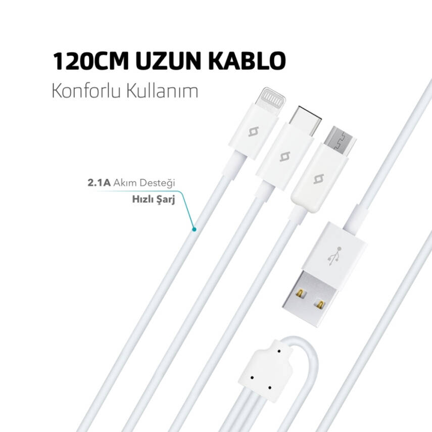 Ttec Trio Şarj Kablosu, USB-A - USB-C / Lightning / Micro USB, Beyaz - 3