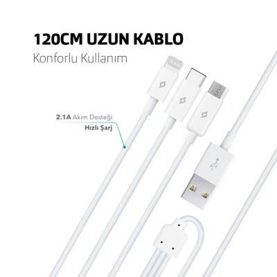 Ttec Trio Şarj Kablosu, 1.2 m, USB-A-USB-C/Lightning/Micro USB, Beyaz - 3