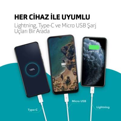 Ttec Trio Şarj Kablosu, 1.2 m, USB-A-USB-C/Lightning/Micro USB, Beyaz - 4