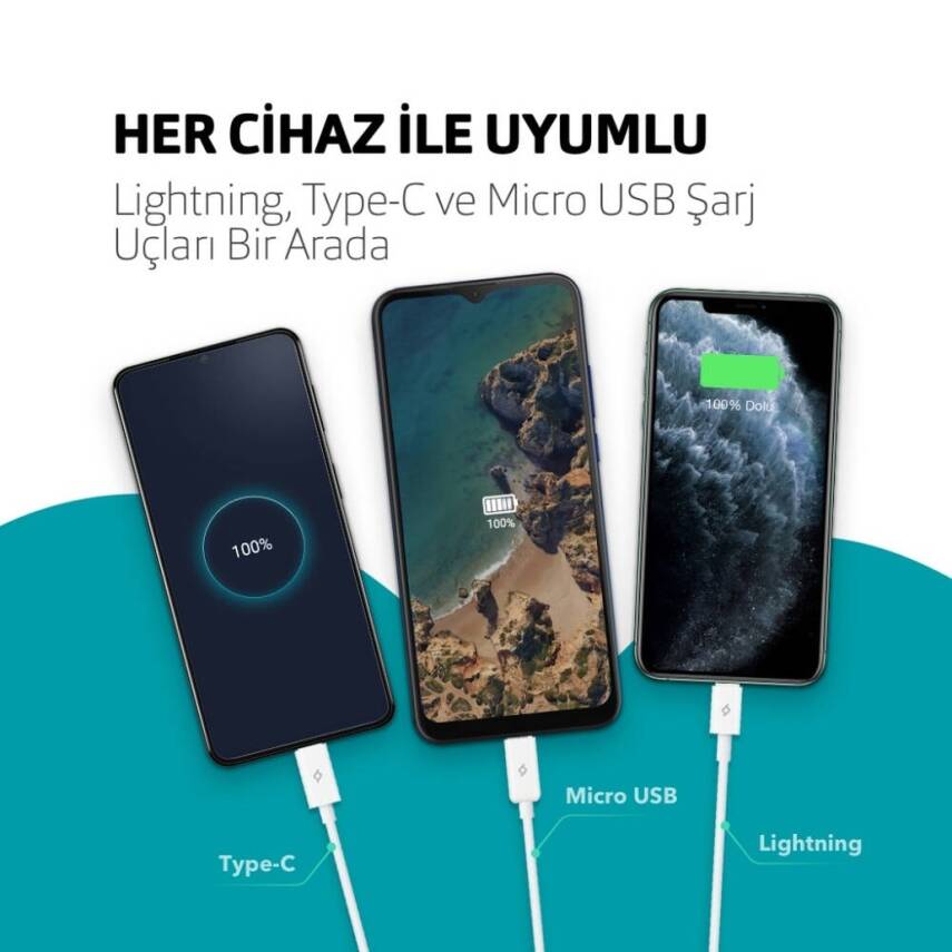 Ttec Trio Şarj Kablosu, 1.2 m, USB-A-USB-C/Lightning/Micro USB, Beyaz - 4