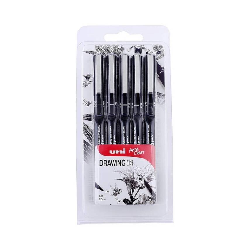 UNİ Pin 200 Teknik Çizim Kalem Seti, 5'li, Siyah, Dayanıklı Mürekkep - 1