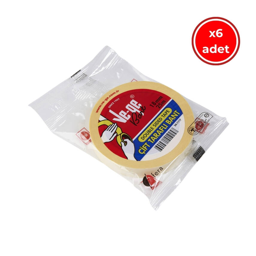 Ve-Ge Çift Taraflı Bant, 6 Adet, 18 mm x 25 m, Şeffaf, İz Bırakmaz - 1