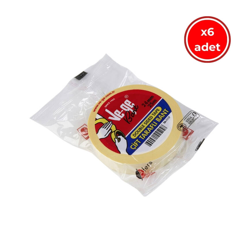 Ve-Ge Çift Taraflı Bant, 6 Adet, 24 mm x 25 m, Şeffaf, İz Bırakmaz - 1