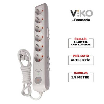 Viko Altılı Akım Korumalı Priz, 282J, Anahtarlı, Ç.K Çoklu Priz, 1.5m - Viko