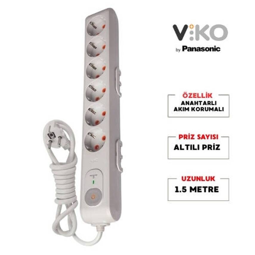 Viko Altılı Akım Korumalı Priz, 282J, Anahtarlı, Ç.K Çoklu Priz, 1.5m - 1