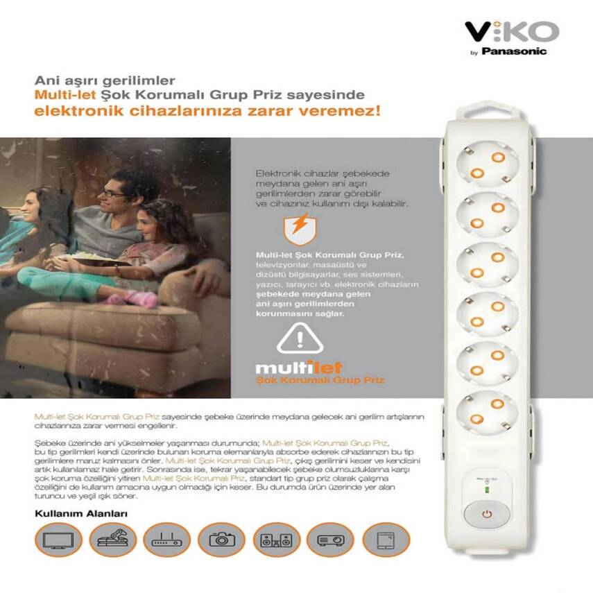Viko Altılı Akım Korumalı Priz, 282J, Anahtarlı, Ç.K Çoklu Priz, 1.5m - 3