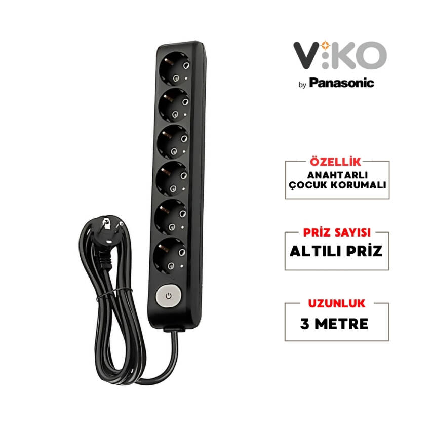 Viko Altılı Çoklu Priz – Anahtarlı Topraklı, Uzatma Kablosu, 6lı, 3m, Siyah - 2