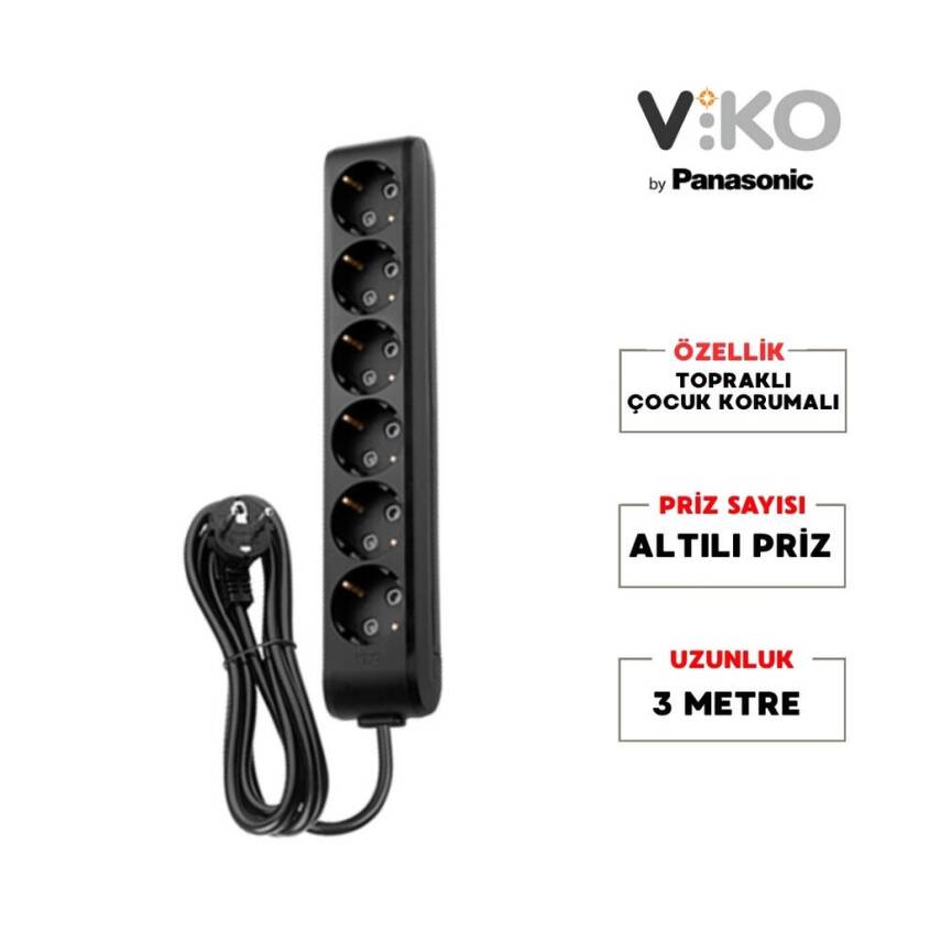 Viko Altılı Çoklu Priz, Topraklı, Uzatma Kablosu, 6lı, 3m, Siyah - 2