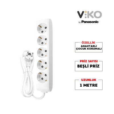Viko Beşli Çoklu Priz – Topraklı, Uzatma Kablosu, 5li, 1m, Beyaz - 2