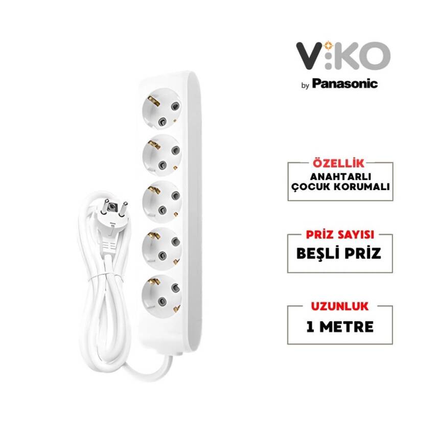 Viko Beşli Çoklu Priz, Topraklı, Uzatma Kablosu, 5li, 1m, Beyaz - 2