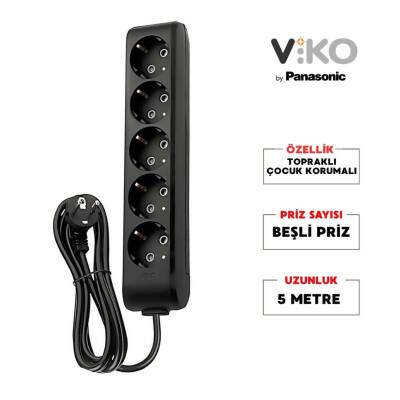 Viko Beşli Çoklu Priz, Topraklı, Uzatma Kablosu, 5li, 5m, Siyah - 2