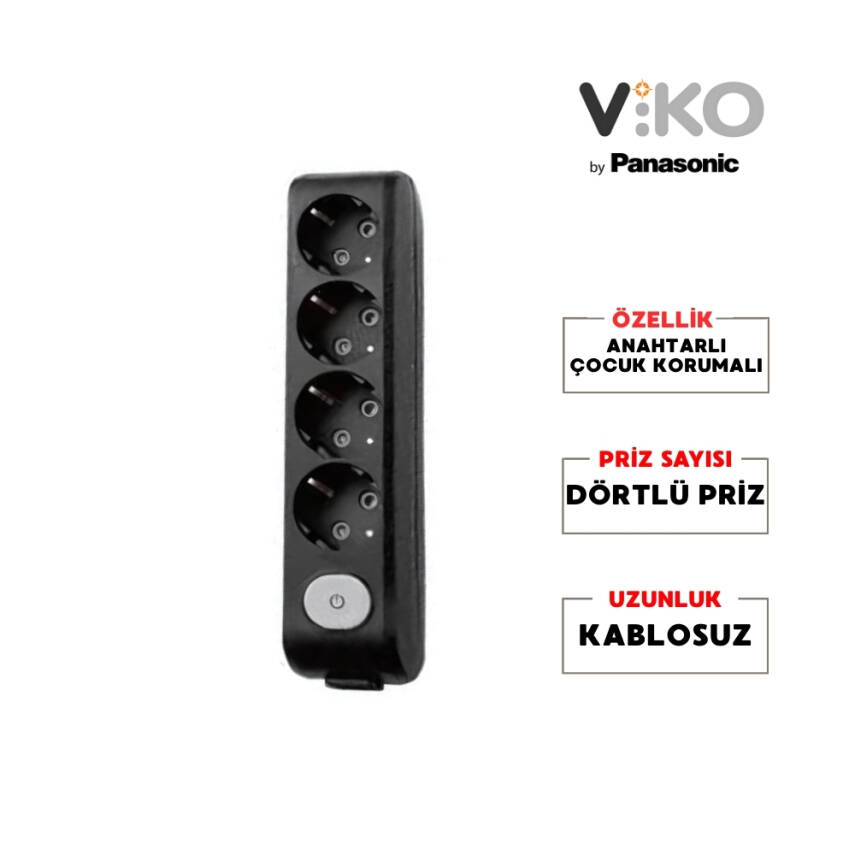 Viko Dörtlü Çoklu Priz – Anahtarlı Topraklı, Çoçuk Korumalı, Kablosuz,Siyah - 2