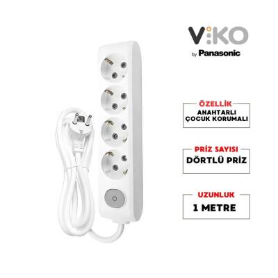 Viko Dörtlü Çoklu Priz, Anahtarlı, Uzatma Kablosu, 4lü, 1m, Beyaz - 2