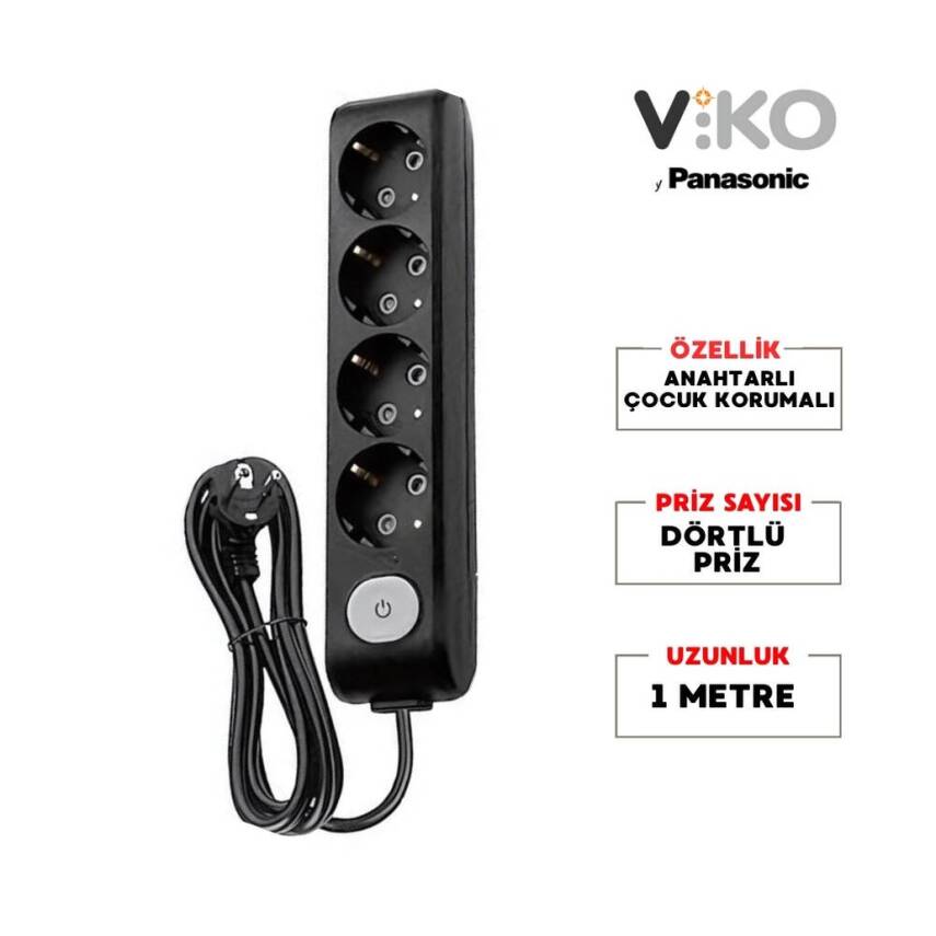 Viko Dörtlü Çoklu Priz, Anahtarlı, Uzatma Kablosu, 4lü, 1m, Siyah - 2