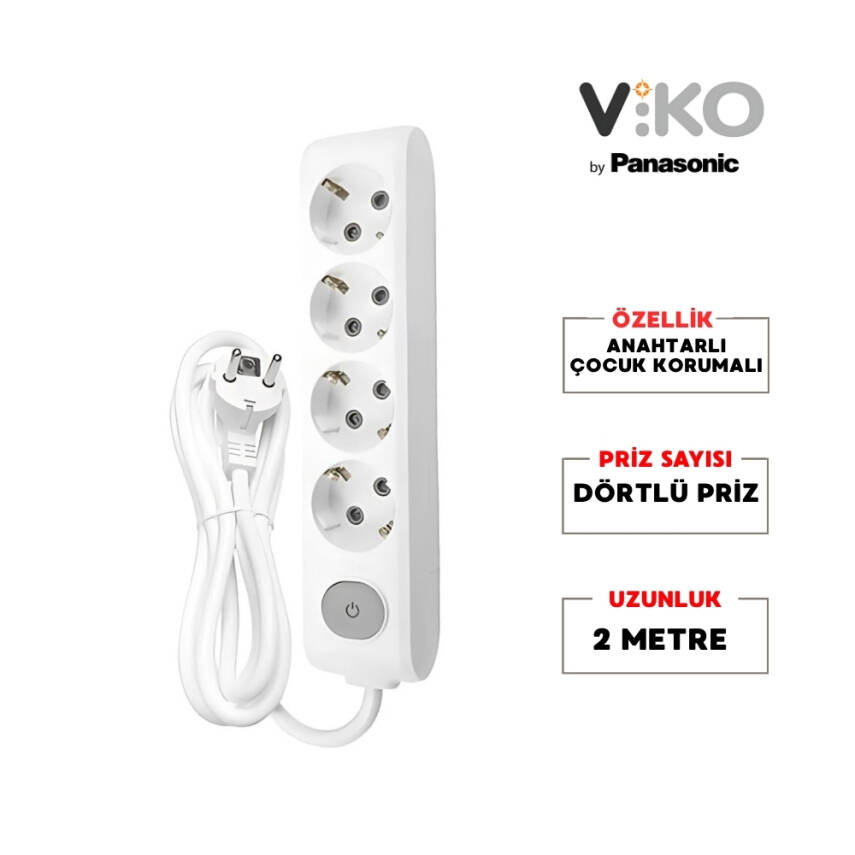 Viko Dörtlü Çoklu Priz – Anahtarlı Topraklı, Uzatma Kablosu, 4lü, 2m, Beyaz - 2
